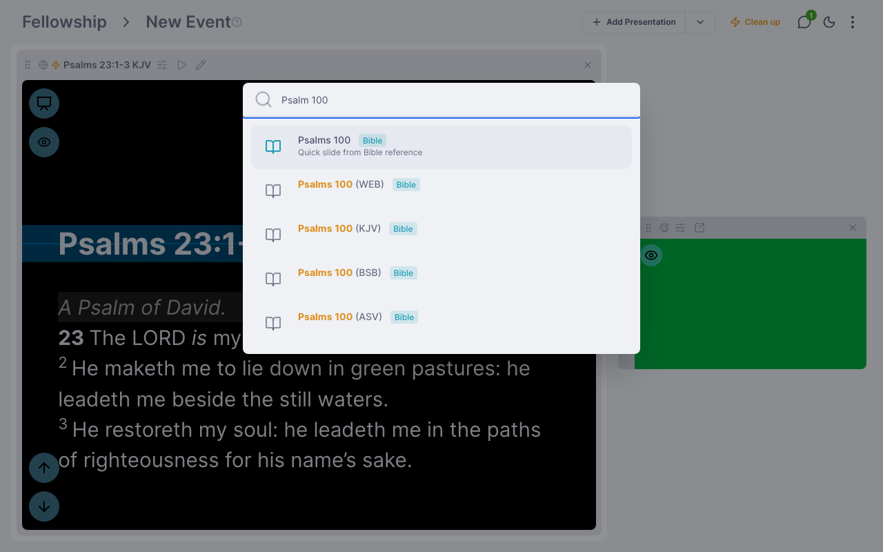The presentation picker with search results